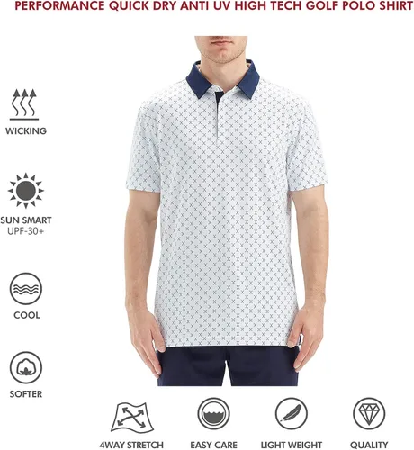 Vista 6 de Camisas de golf para hombre, Dry Fit, manga corta, estampado, de rendimiento, absorbe la humedad