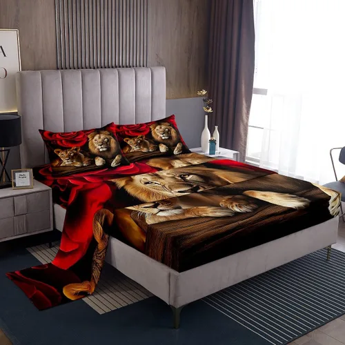 Vista 23 de Erosebridal Sábanas de cama de guepardo con rosa roja, juego de sábanas de bolsillo profundo con estampado de leopardo y gato, sábana bajera