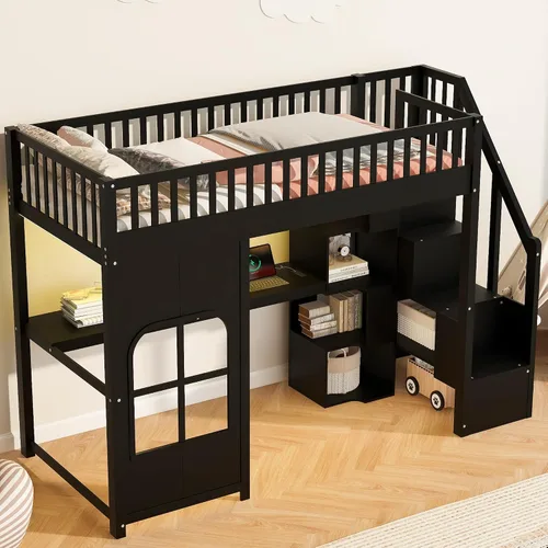 Vista 5 de Playhouse Wood Twin Size Loft Bed with Storage Staircase, Desk, Shelves