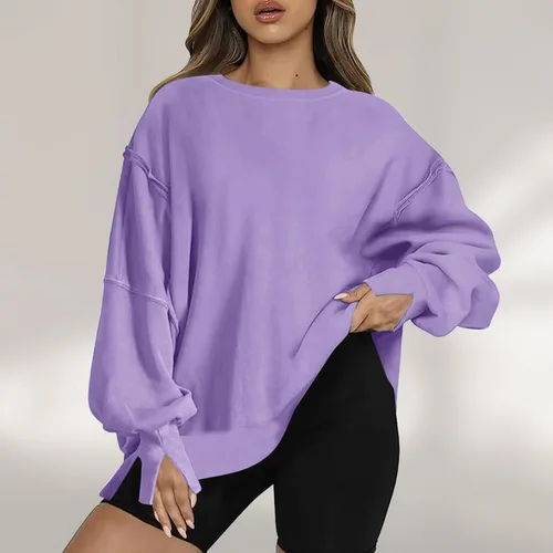 Vista 2 de Womens Oversized Casual Slit Y2K Pullover Top Crewneck Long Sleeve Corded Sweatshirts Fall Outfits 2023 Winter Clothes