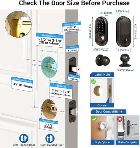 Vista 6 de Veise RZ06C Smart Lock - Cerrojo electrónico con 2 perillas y mangos, color Negro