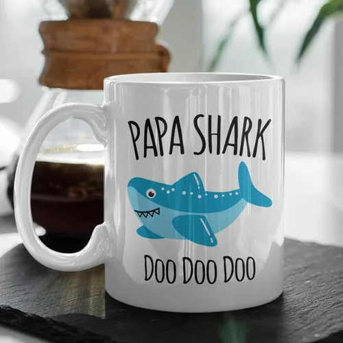 Vista 3 de Taza de tiburón para abuelo, regalo de cumpleaños para abuelo, de nietos, 11 onzas, color blanco