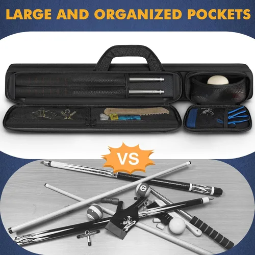 Vista 5 de Estuche para taco de billar, estuche para palos de billar 2x2 con capacidad para 2 palos con 2 bolsillos con cremallera para accesorios, bolsa