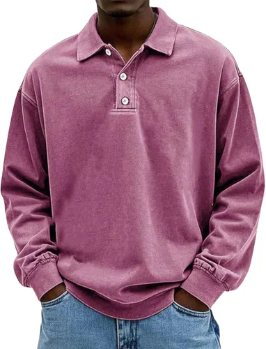 Vista 10 de Camisa Polo de Manga Larga para Hombre Camisa con Botón Desgastado Básica Color Sólido Camisa Polo Clásica Holgada Casual Camisas con Cuello Camiseta