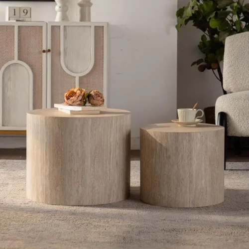 Vista 4 de Juego de 2 mesas de centro anidadas, modernas mesas de centro redondas de madera, mesa auxiliar decorativa para espacios pequeños, sala de estar