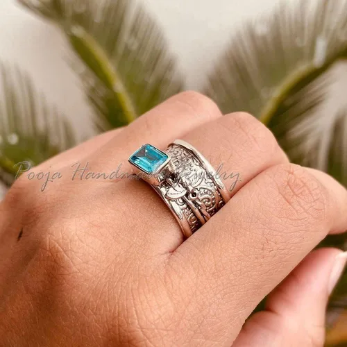 Vista 3 de Blue Topaz Spinner Ring, 925 Silver Jewelry, Handmade Ring For Women, Blue Topaz Gemstone, Fidget Spinner Ring, Unisex Spinner Ring, Tortuga Spinner