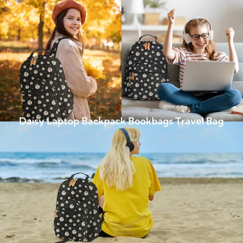 Vista 2 de Leaper Mochila para laptop para mujer: linda mochila floral para escuela, universidad, viajes, trabajo, mochila ligera para niños, Negro margarita