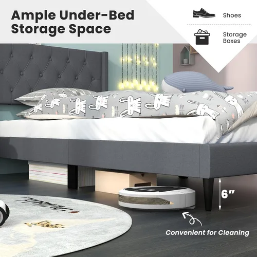 Vista 5 de Giantex Base de cama de plataforma de tamaño individual con respaldo de alas, base de cama tapizada de tela con cabecera capitonada con botones