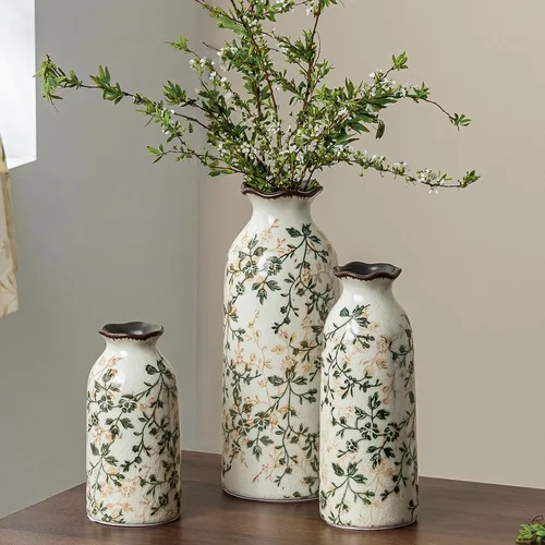 Vista 10 de Jarrón de cerámica verde y blanco con asa, florero rústico para decoración de hogar estilo “chinoiserie”, “grandmillenial” y toscano, jarrón