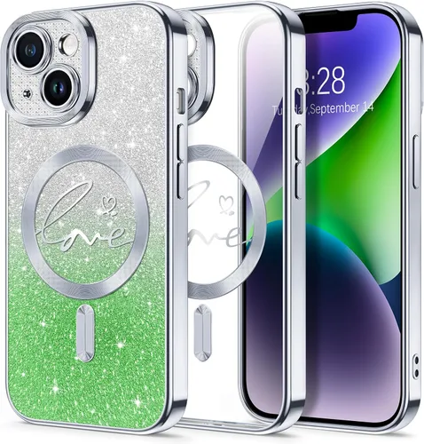 Vista 125 de Hython Funda para iPhone Air con purpurina, compatible con MagSafe Love Heart fundas magnéticas transparentes para teléfono para mujeres y niñas