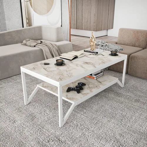 Vista 6 de Flora - Mesa auxiliar rectangular moderna de diseño industrial de 47 pulgadas de ancho, parte superior de madera con acabado de mármol, marco