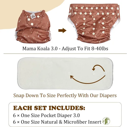 Vista 3 de Mama Koala Pañales de tela para bebé 2.0 con 6 insertos (hojas neutrales), con 2 bolsas impermeables para húmedo y seco