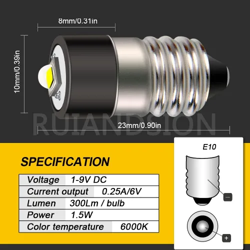 Vista 4 de Ruiandsion Bombillas LED E10 de 1 a 9 V con indicador de tornillo en miniatura para linternas, luces de trabajo de bicicleta, lámpara de microscopio