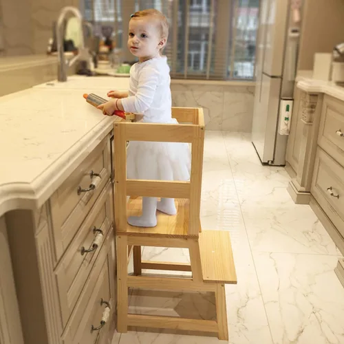 Vista 2 de Taburete de cocina para niños pequeños con alfombrilla antideslizante, Taburete de aprendizaje Montessori de madera para niños de Wood City, Torre