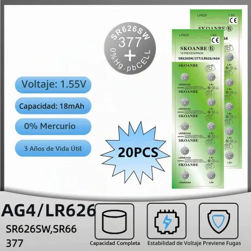 Vista 2 de SKOANBE 20 paquetes SR626SW LR626 AG4 377 V377 LR66 1.5V batería de reloj