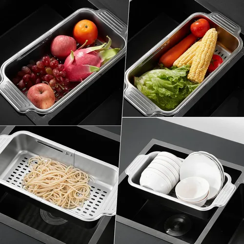 Vista 8 de pollock Colador de fregadero plegable 4 en 1 para cocina, acero inoxidable 304 de grado alimenticio sobre el colador, extiende la cesta de drenaje