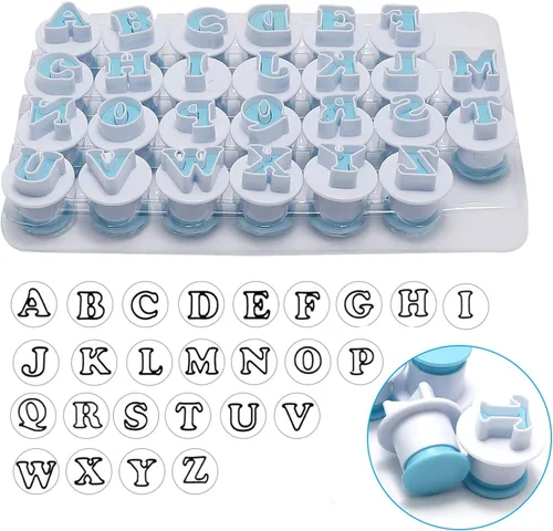 Vista 7 de Juego de 26 piezas de sellos para galletas con impresión, cortadores de galletas con letras del alfabeto, molde para galletas y bizcochos