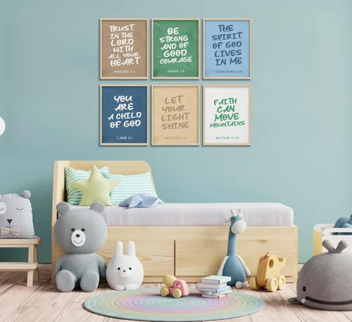 Vista 2 de Conjunto de 6 impresiones de pared de lona cristiana para guardería, versículos bíblicos para niños, citas inspiradoras, pintura, imagen, decoración