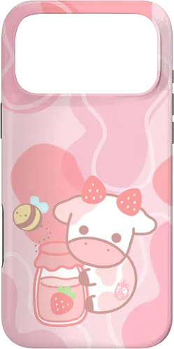 Vista 21 de Funda Kawaii para iPhone 12, diseño de vaca fresa, color rosa