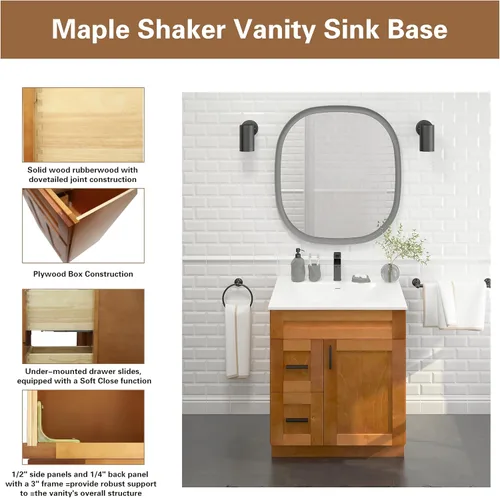 Vista 6 de Arce Shaker - Mueble para lavabo con cajones de 30 pulgadas, listo para montar