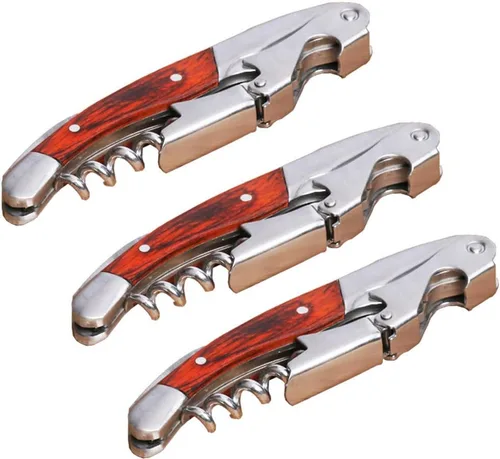 Vista 8 de Sacacorchos profesional para camareros - Juego de 3 llaves de vino para camareros, con mango largo de palisandro mango de acero inoxidable, abridor