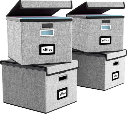 Vista 70 de Caja organizadora de archivos Huolewa con tapa, caja organizadora de carpetas de archivos colgantes de cuero sintético plegable con deslizadores