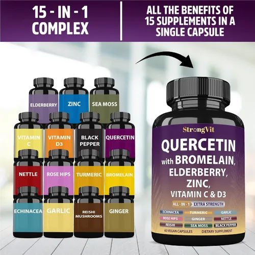 Vista 6 de StrongVit Quercetina con bromelina, saúco, vitamina C, D3 y zinc. Suplemento de apoyo súper inmunológico. Complejo orgánico para hombres y mujeres