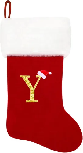 Vista 200 de Calcetines de Navidad bordados de 20 pulgadas con monograma, terciopelo negro con puño de felpa blanca supersuave, adornos clásicos para decoración