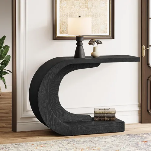 Vista 6 de Tribesigns Mesa consola moderna de mediados de siglo de 43.3 pulgadas para entrada, mesa de entrada de madera en forma de C para sala de estar, Negro
