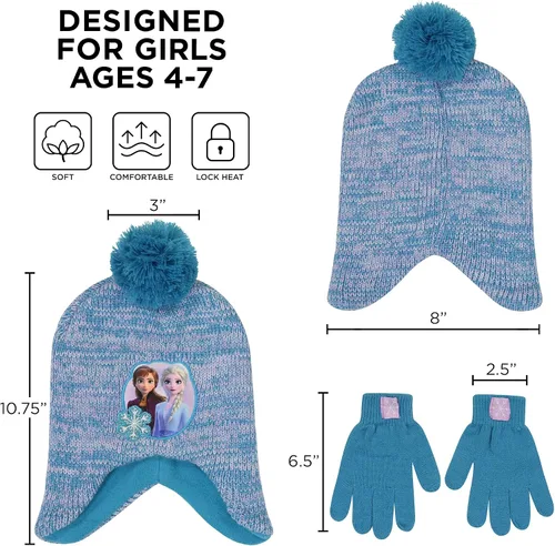 Vista 6 de Disney Conjunto de gorro de invierno y guantes para niñas, Elsa y Anna para edades de 4 a 7 años