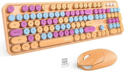 Vista 9 de MOFII Combo de teclado y mouse inalámbricos, teclado retro con teclas redondas de colores, conexión USB Plug Play de 2.4 GHz para PC, laptop