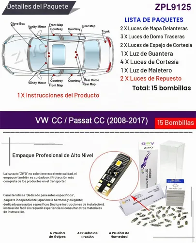 Vista 2 de ZIYO Kit de luz interior LED para Volkswagen CC/VW Passat CC 2008-2017, paquete de repuesto de bombillas de cúpula de 6000 K, luces LED blancas