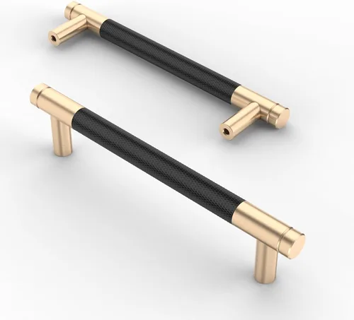 Vista 32 de Asidrama - Paquete de 10 tiradores para gabinete de 3 pulgadas (76mm) de color negro mate y bronce champán, manijas estriadas para gabinete