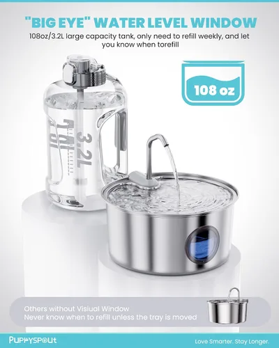Vista 7 de Cat Water Fountain Stainless Steel - 108oz/3.2L Automatic Cat Water Fountain for Drinking with 3 Pcs Filters, Metal Pet Water Fountain Water