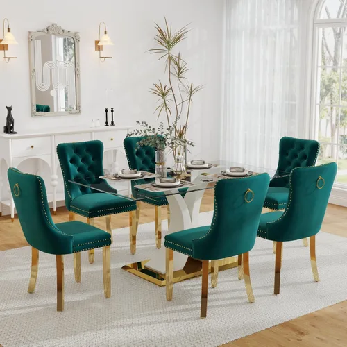 Vista 11 de Juego de comedor de cristal moderno de lujo de 7 piezas, juego de cena rectangular minimalista grande para 6, mesa de cocina de cristal transparente