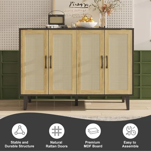 Vista 5 de Armario de almacenamiento con ribete de ratán, aparador de 4 puertas con almacenamiento, armario decorativo con estantes para baño, cafetería, Negro