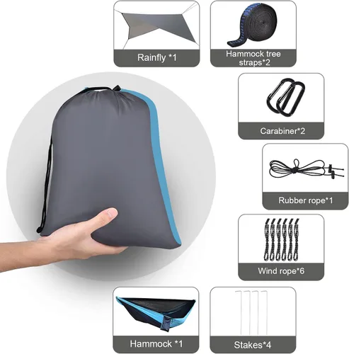 Vista 7 de Hamaca de campamento con red de mosquitos, toldo impermeable, correas de árbol de nailon resistentes, paracaídas, hamaca individual o doble, tienda