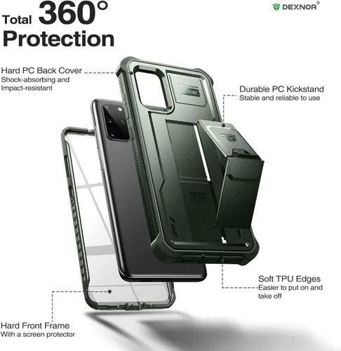 Vista 6 de Dexnor Funda para Samsung Galaxy S20+ Plus 5G, [Protector de pantalla y soporte integrados] Protección de grado militar resistente a prueba de Verde