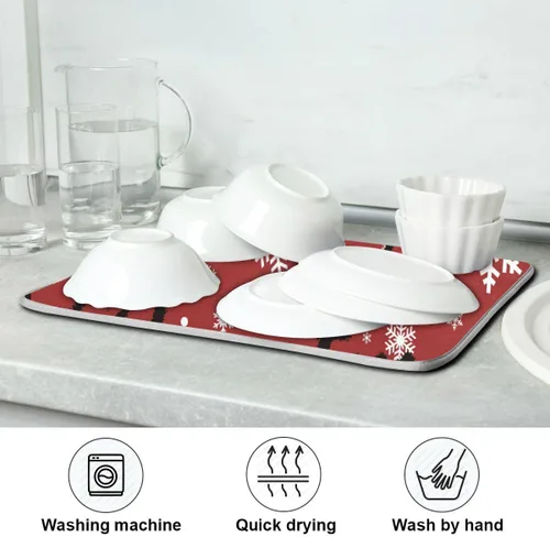 Vista 7 de Tapete de secado de platos rojo de Feliz Navidad para cocina, tapete de secado de microfibra blanca con copos de nieve, absorbente y reversible