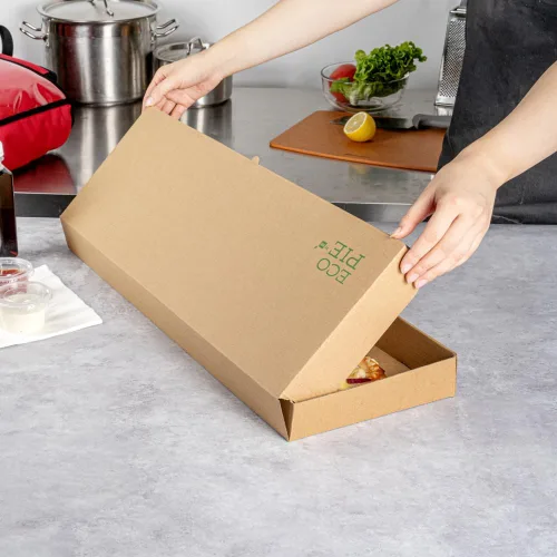 Vista 133 de Restaurantware - Cajas para pizza, 50 unidades, 14 x 7 x 1.5 pulgadas, embalaje de papel de cartón corrugado con bloqueo de pestañas, resistente a