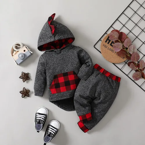 Vista 3 de Conjunto de ropa para bebé niño a cuadros para otoño e invierno, de manga larga, sudadera con capucha y pantalones