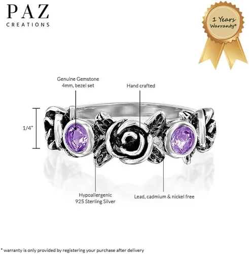 Vista 3 de Paz Creations Ring For Women - 925 Sterling Silver Vintage Rings For Woman - Handcrafted Rose Flower Design With Gemstones - Jewelry with One Year