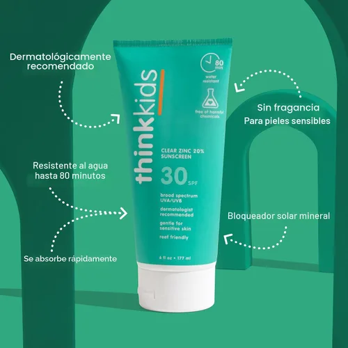 Vista 2 de Thinkkids SPF 30 - Protector solar mineral para niños, óxido de zinc transparente, 6 fl oz, natural, vegano, seguro para los arrecifes, resistente
