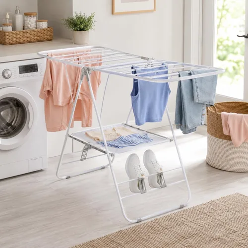 Vista 2 de Honey-Can-Do Heavy-Duty Gullwing Clothes Drying Rack, White, 46 Ft Rust-resistant metal frame; 50 lb capacity; dedicated shoe drying bars; folds