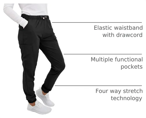 Vista 4 de Pantalones quirúrgicos Green Town para mujer - Pantalón quirúrgico jogger, bolsillos cargo, tela elástica, cordón de ajuste, fácil cuidado Negro
