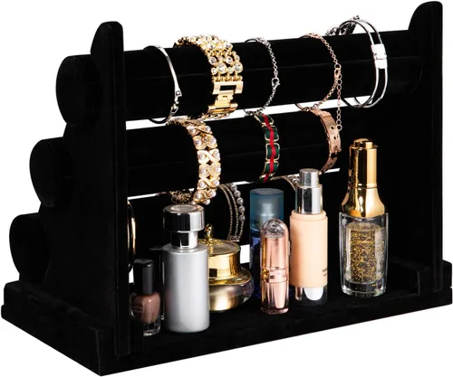 Vista 3 de Polmart W3-BL Exhibición de joyería desmontable de 3 nivelestriple barra, terciopelo negro