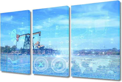 Vista 28 de TUMOVO Bombas de aceite en la puesta de sol para dormitorio, industria de petróleo y gas, pinturas de pared de 3 piezas de arte de pared de petróleo