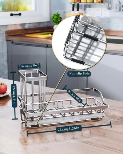 Vista 7 de Consumest Organizador para fregadero, soporte de esponja de cocina con soporte para cepillos de platos, organizador de cocina con bandeja de goteo