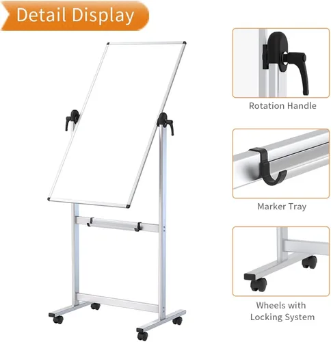 Vista 5 de VIZ-PRO Pizarra magnética móvil de doble cara, 48 x 24 pulgadas, orientación vertical, marco de aluminio y soporte Caballete de borrado en seco
