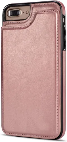 Vista 6 de Funda de piel tipo cartera para iPhone con (dos cierres magnéticos), (ranuras para tarjetas) función atril Rose gold